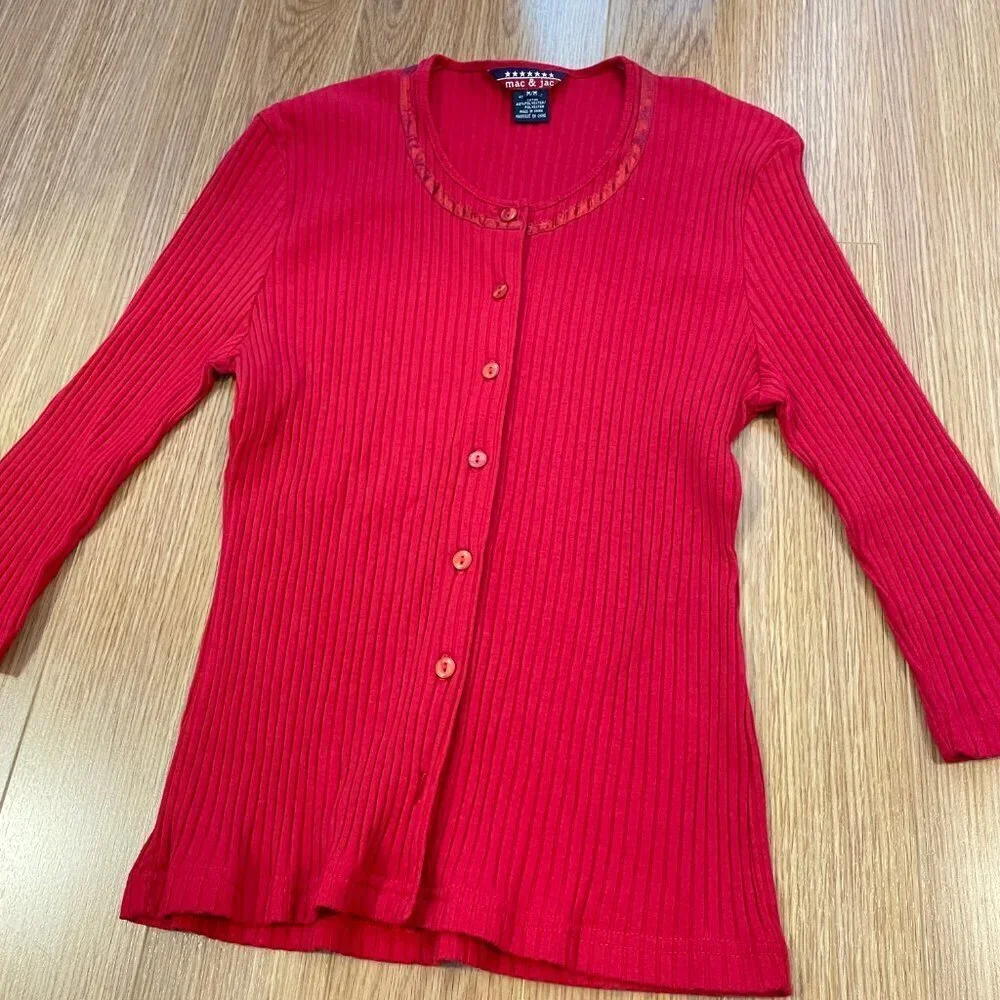 Vintage Mac & Jac Red 3/4 Sleeve Button-Up Cardigan - M - Picture 9 of 11